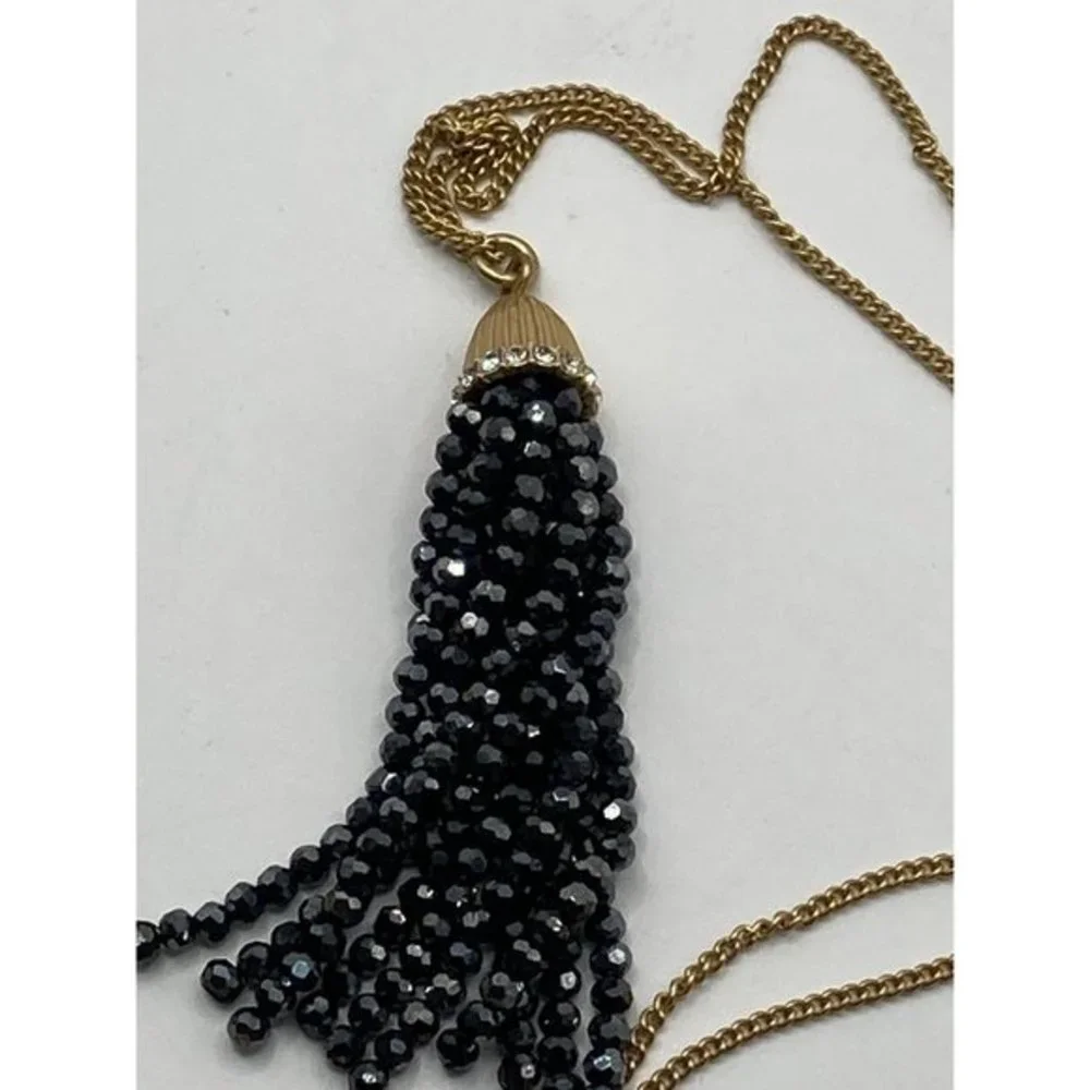 J. Crew Layer Necklace Black‎  crystal bead tassel pendant 32